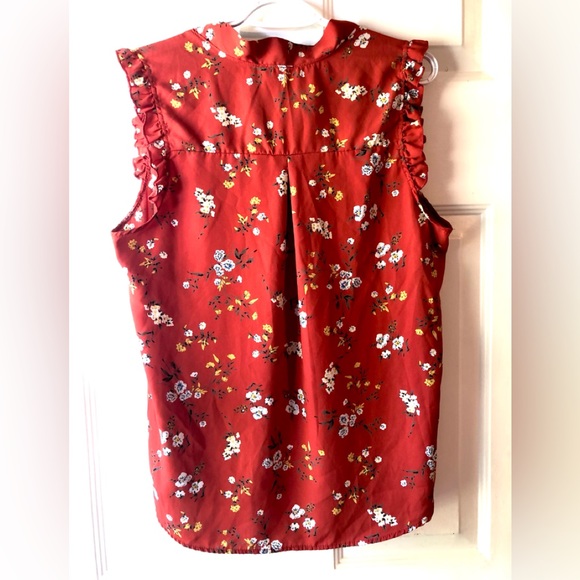 Trendy Js Rust Orange Cream Blue Floral Bow Tie Neck Ruffle Cap Slv Blouse Small - Picture 3 of 4